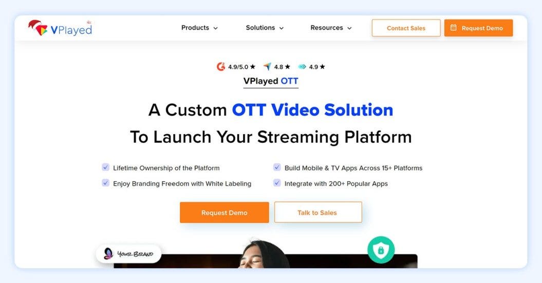 Vplayed homepage with copy “a custom ott video solution to launch your streaming platform"