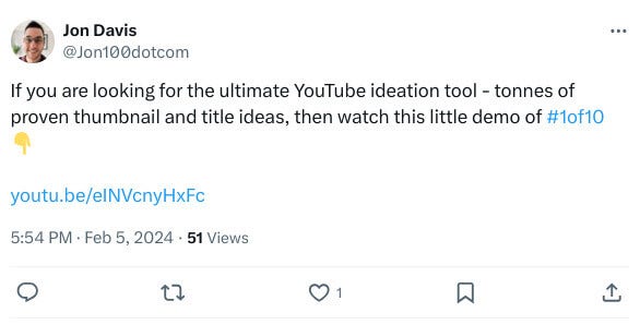 example of a youtube video link being shared on X/twitter