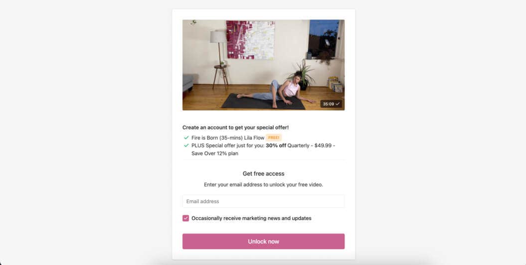 A simple form on a webpage, offering free access to an instructional yoga video in exchange for the user's email address.