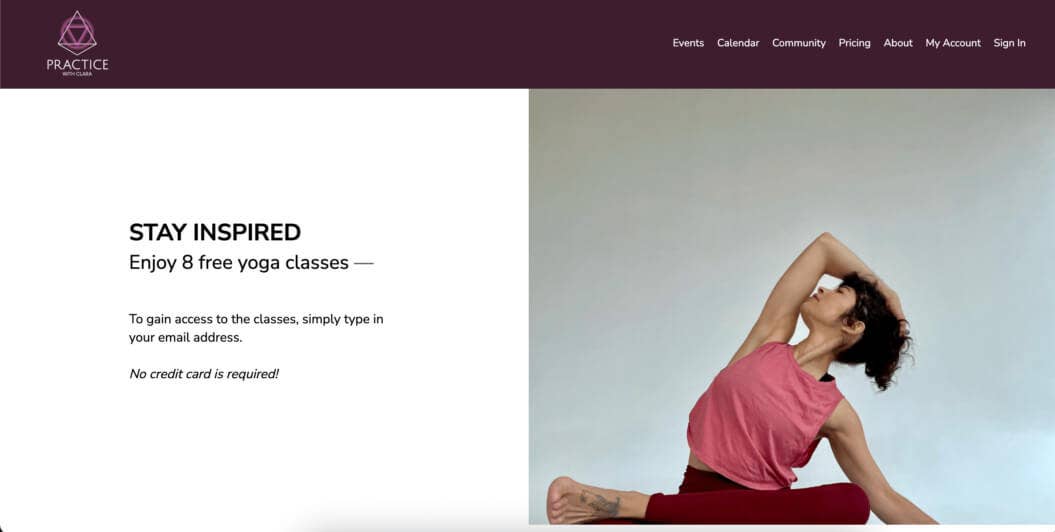 A simple white and purple webpage for a yoga membership showing an example of a giveaway funnels offer. 8 videos are available to watch for free, in exchange for the user's email address.