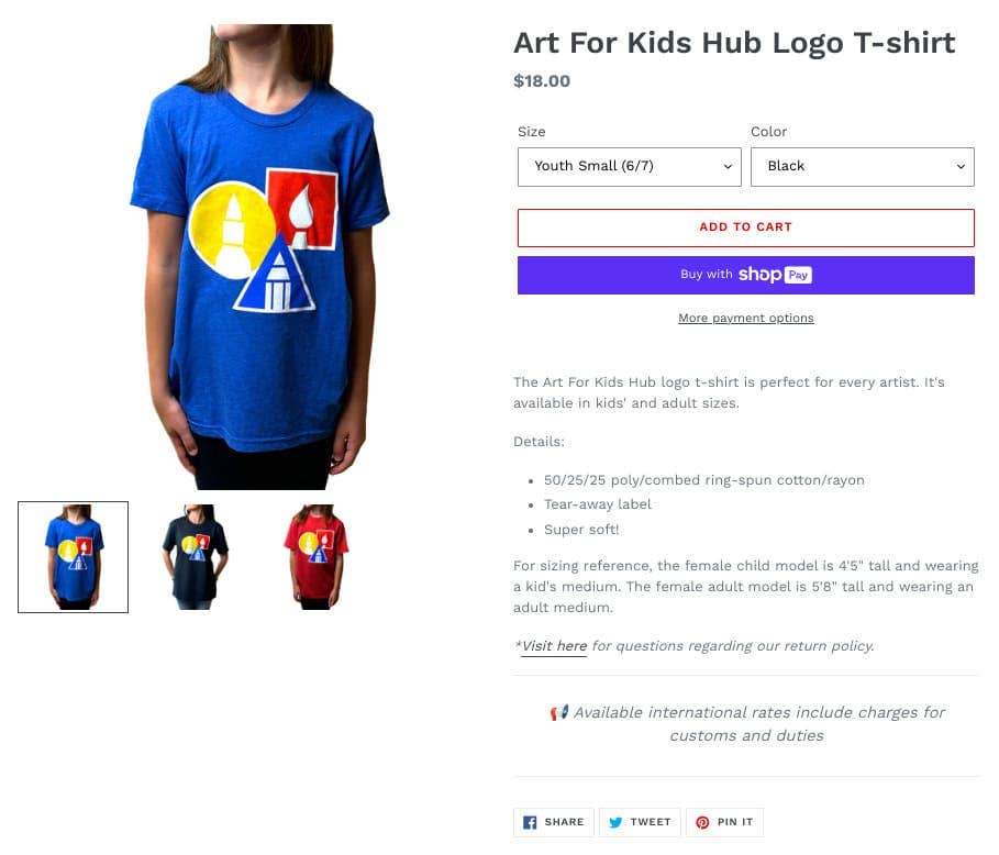 Screenshot from the Art for Kids Hub online store of their apparel merch