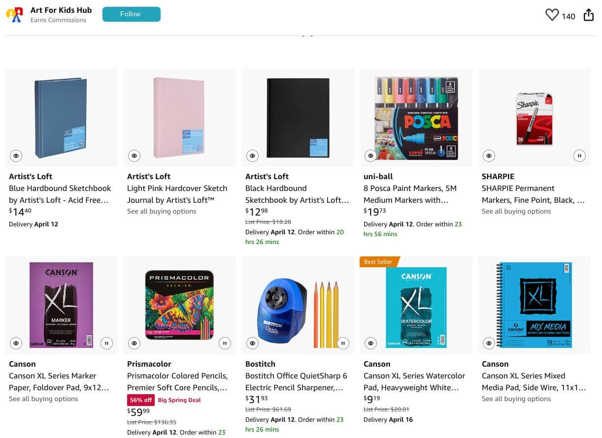 Screenshot from the Art for Kids Hub store on Amazon