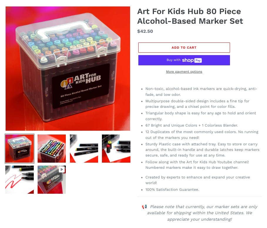 screenshot from Art for Kids Hub's branded marker set in their online store