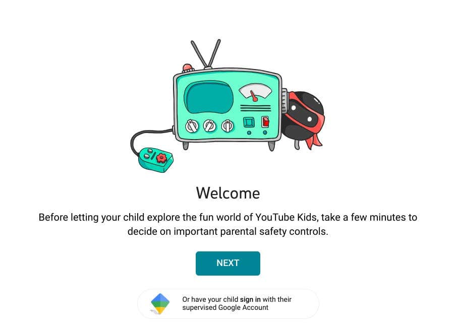 YouTube Kids welcome login screen for parents