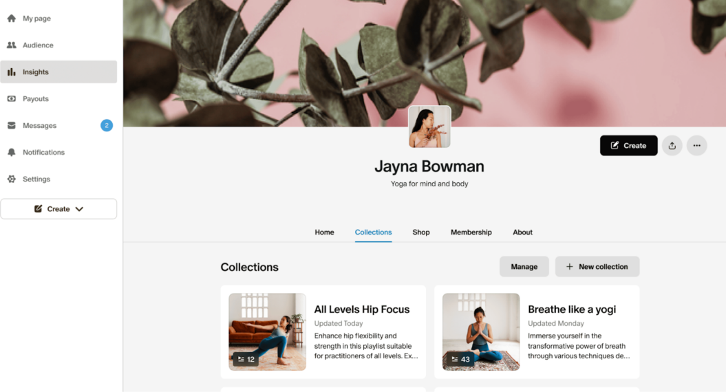 a photo of Patreon featuring the collections page of Jayn Bowman
