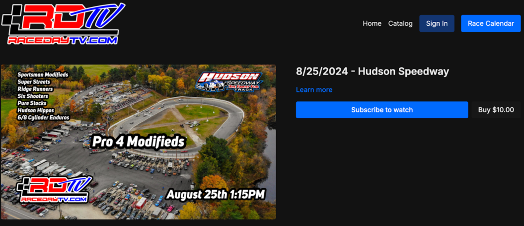 an image showing RaceDay TV featuring their pricing page