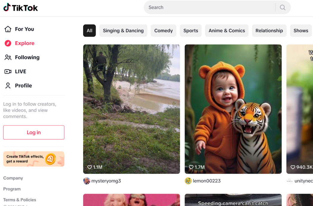 an image showing Tiktok featuring their explore page with in different categories
