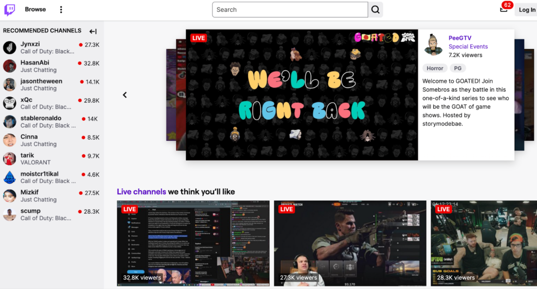 an image showing Twitch with its recommended and live channels