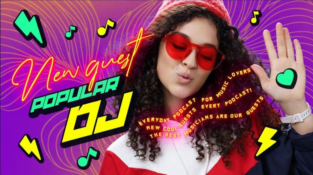 Music and DJ podcast youtube video thumbnail example with popping colors