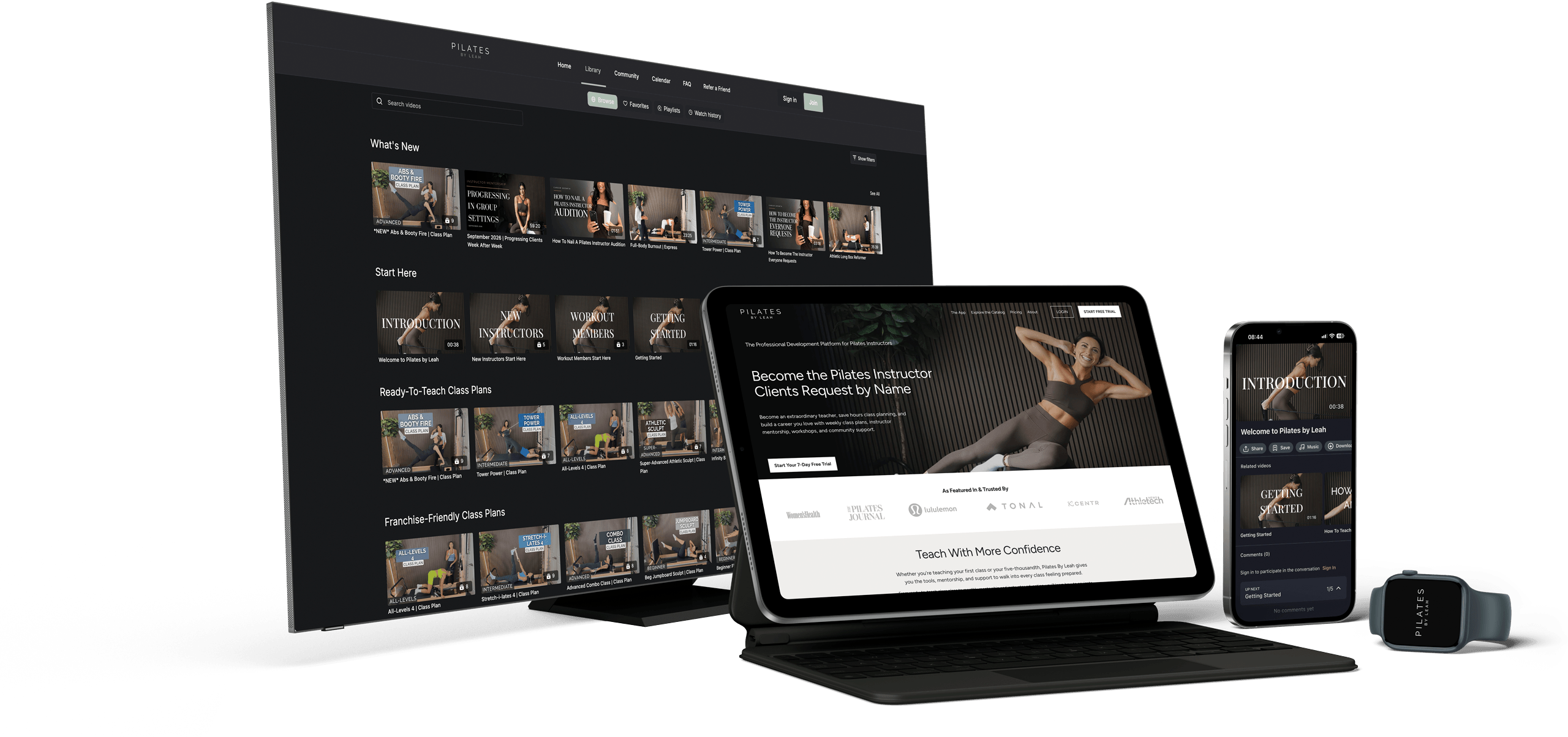 Pilates by Leah membership on desktop, iPad, iPhone, and Apple Watch