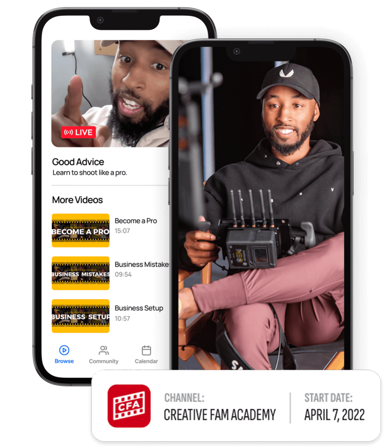 Creative Fam Academy membership app on two phones