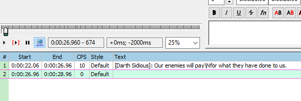 Subtitle grid view in Aegisub
