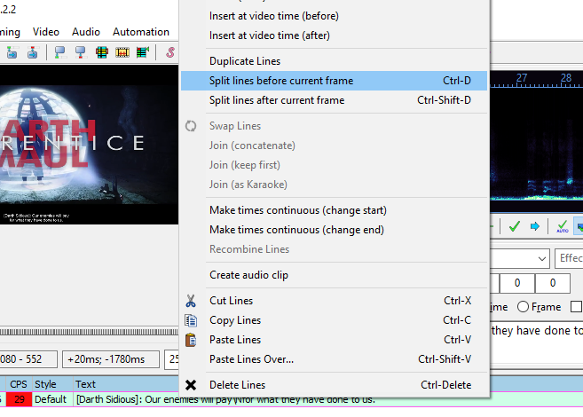 Split lines after current frame in Aegisub