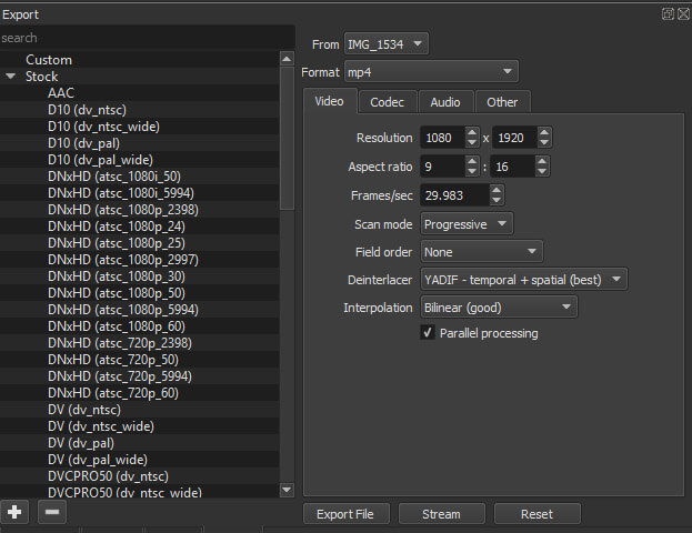 review shotcut export options