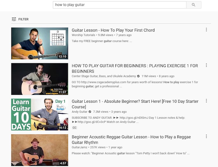 Guitar lessons YouTube search