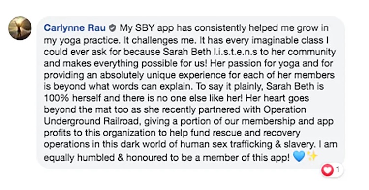 SarahBethYoga user Facebook feedback review