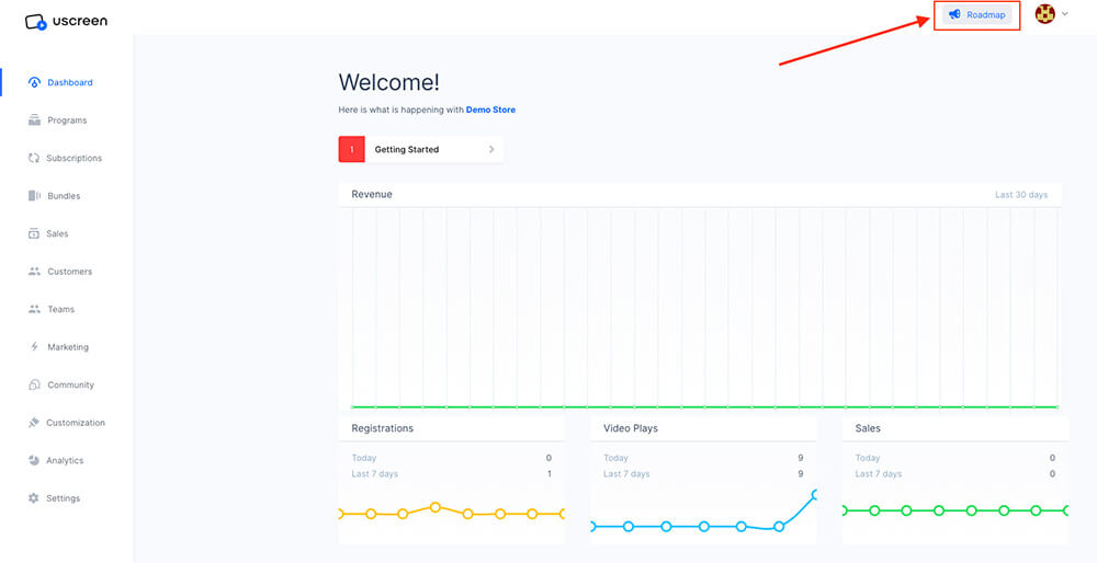 Uscreen Roadmap button in the dashboard