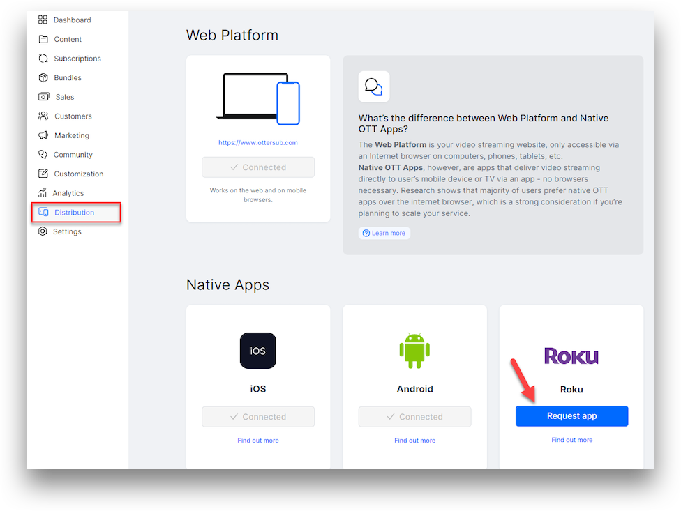new distribution tab for requesting OTT apps
