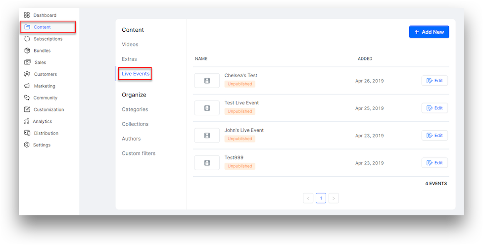 live event tab inside the content tab