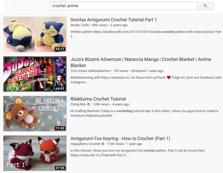 YouTube search for anime crochet