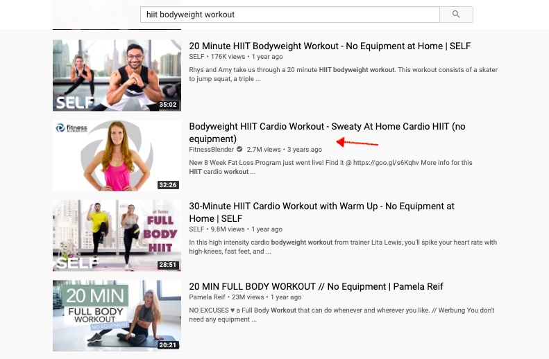 Fitness Blender workout video YouTube search