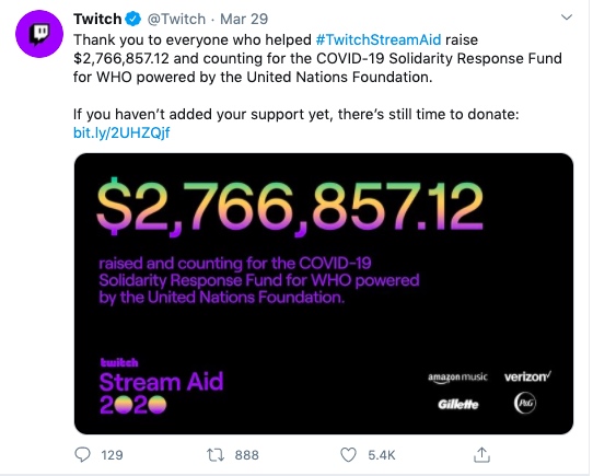 Tweet on Twitch Call of Duty coronavirus fundraiser