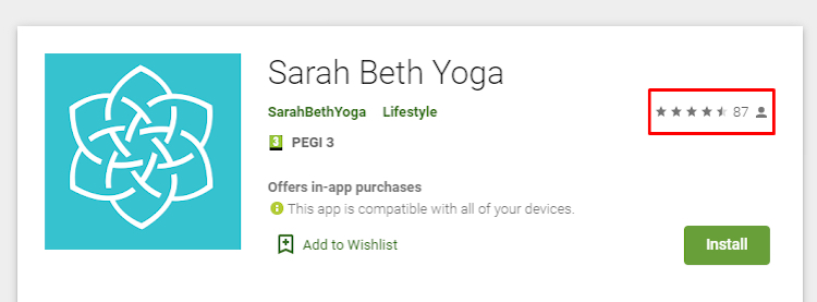 SarahBethYoga app store rating