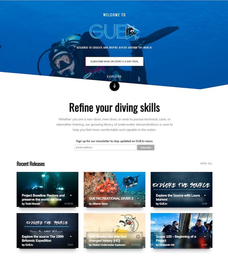 Gue.tv diving education streaming homepage