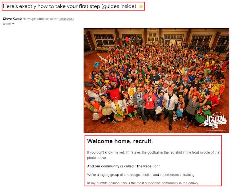Nerd Fitness welcome email example