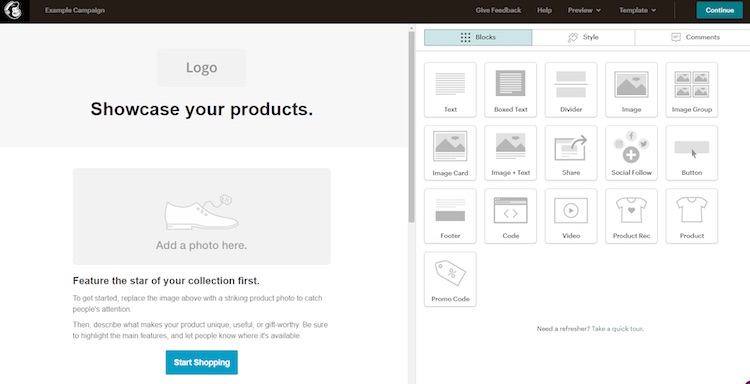 MailChimp campaign creator interface