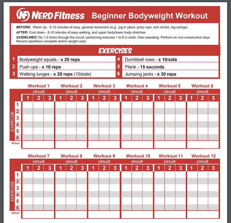 Nerd Fitness virtual workout training sheet