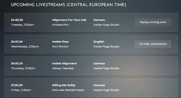 Tint Yoga live stream calendar