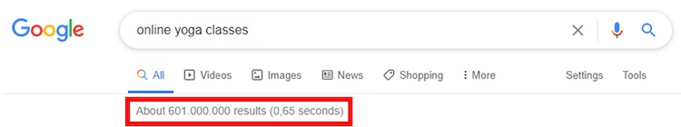 Online yoga classes Google search results