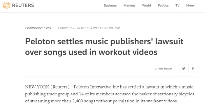 Peleton music settlement