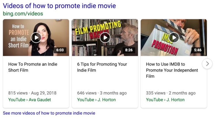 bing search snippet promote indie movie