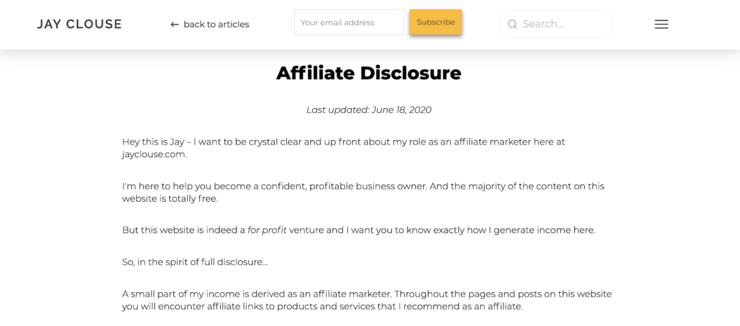 Affiliate marketing disclaimer Jay Clouse's disclaimer for affliates