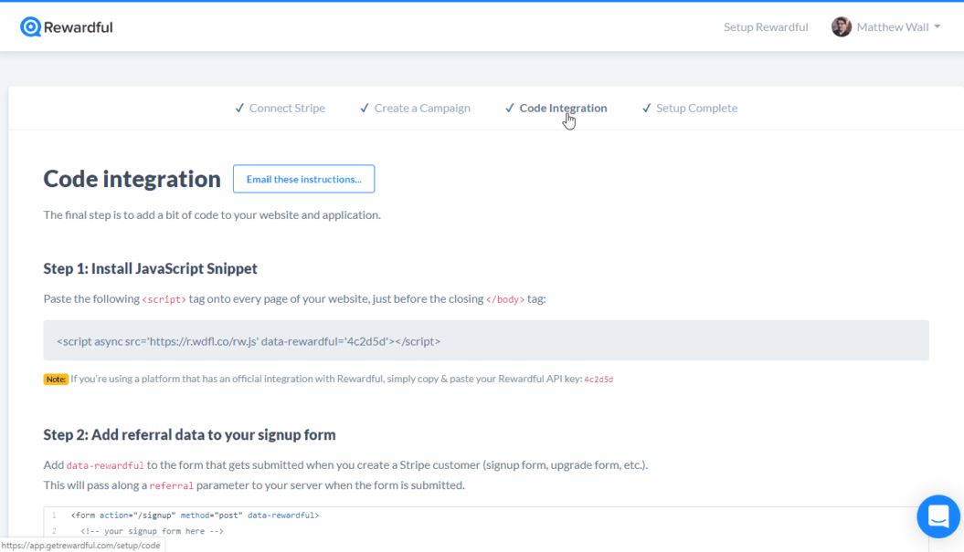 Affiliate marketing software help desk Rewardful API key