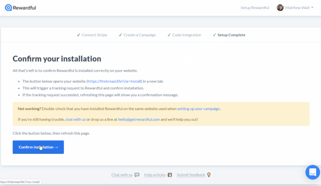 Rewardful installation confirmation