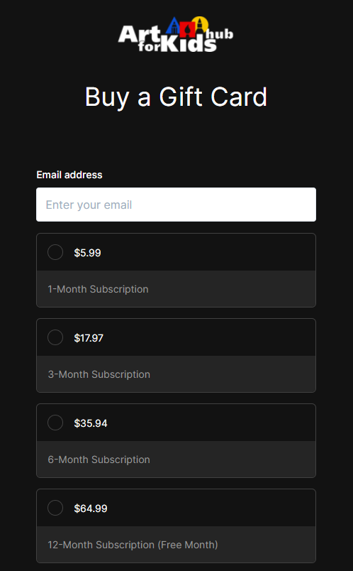 Art for Kids suggested gift cards amount