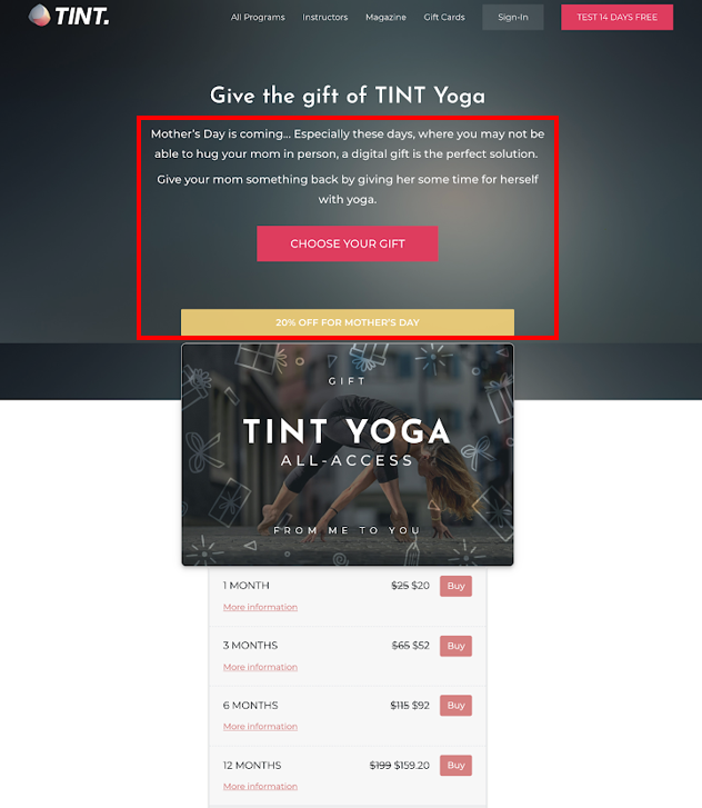 Gift card landing page promotion mother's day tint yoga