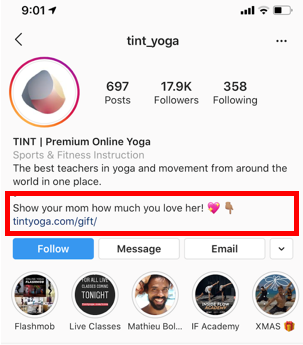 Gift card mother's day promotion on instagram bio tint yoga example