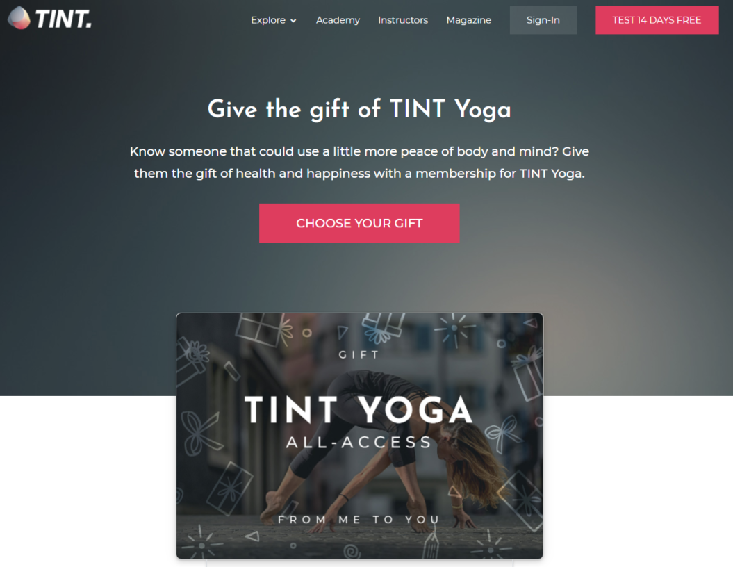 generic gift card landing page tint yoga example