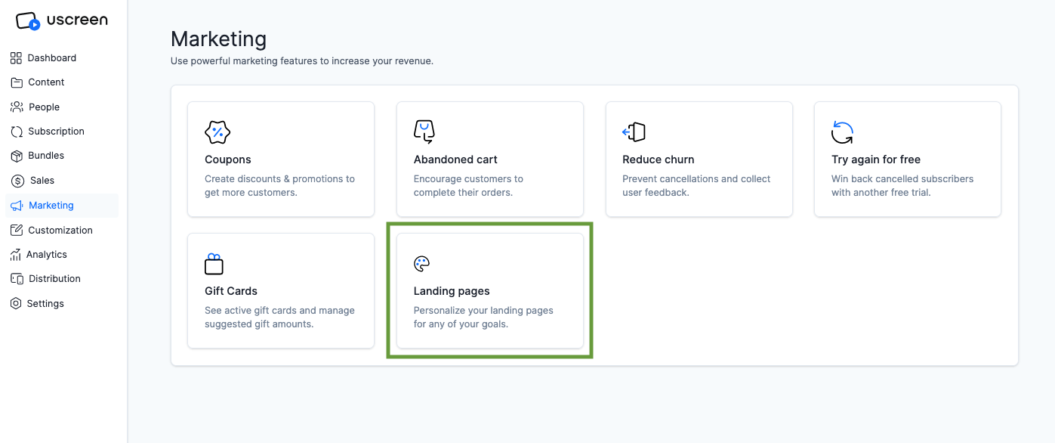 Uscreen's landing page marketing tool feature