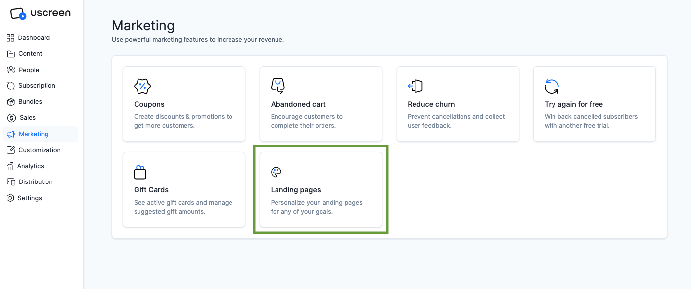 Landing page Uscreen marketing tool