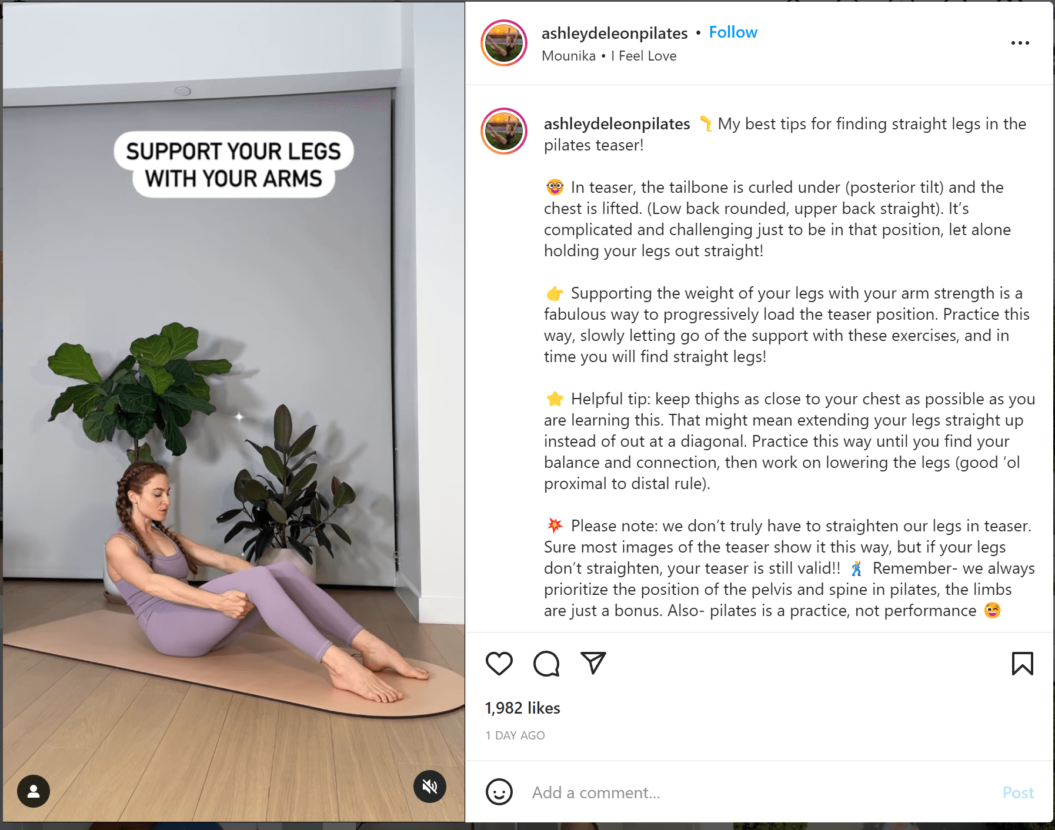 A photo of a pilates pose from Ashley DeLeon's Instagram.