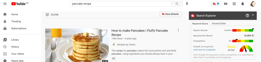 pancake recipe keyword search tubebuddy