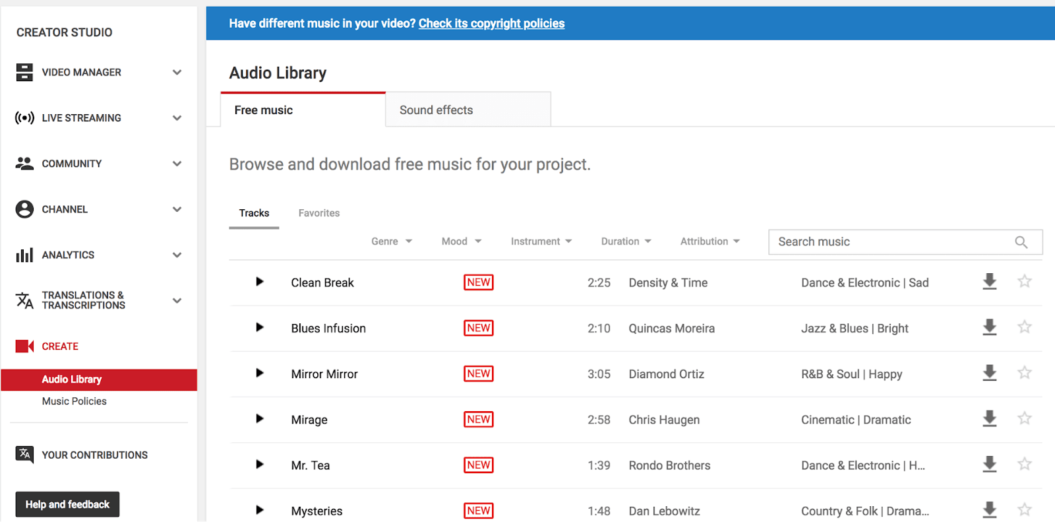 youtube audio library royalty free music paltform