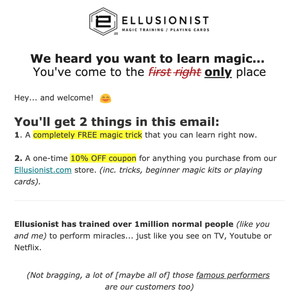 ellusionist discount welcome email