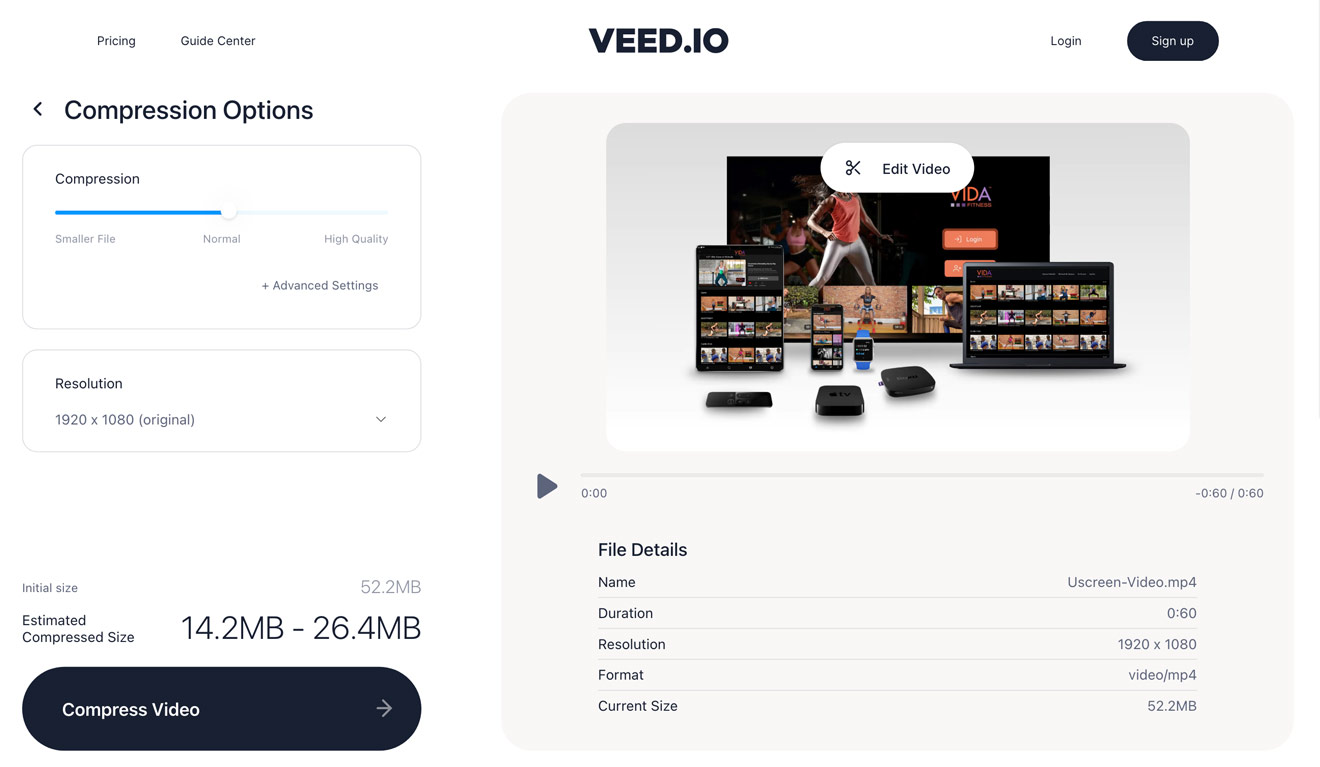 Reducing video file size using VEED