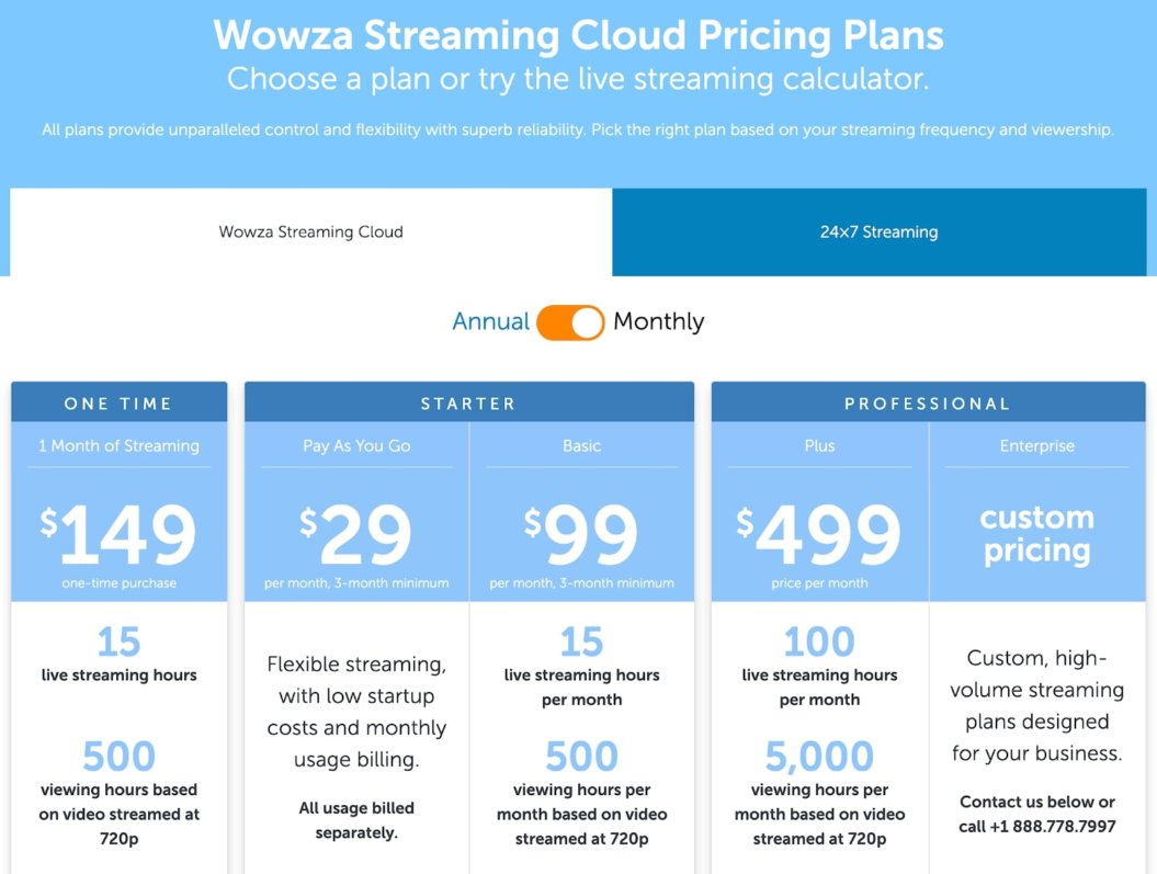 wowza streaming pricing page